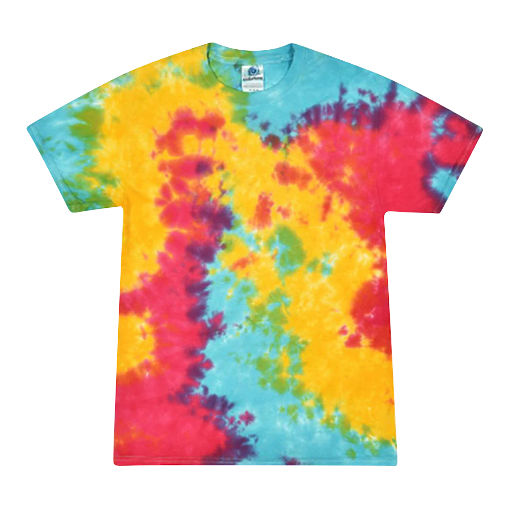 Colortone cotton tie-dye t-shirt in rainbow colors, front view on a white background