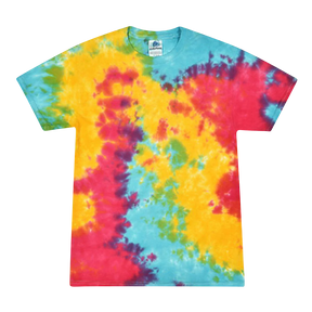 Colortone cotton tie-dye t-shirt in rainbow colors, front view on a white background