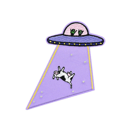 Come Back Bessie UFO Embroidered Patch with cow and alien abduction design, 4" x 3", front view