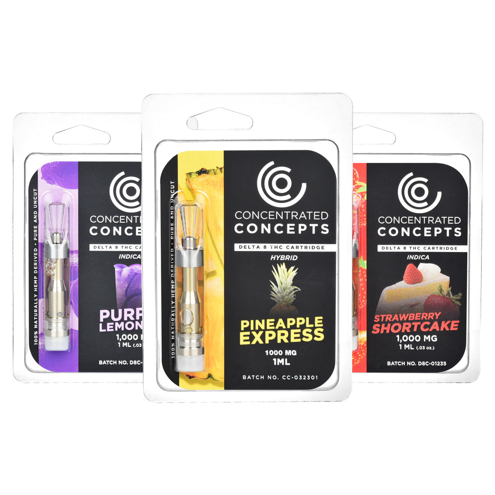 Assorted Concentrated Concepts Delta 8 Vape Cartridges, 1mL, front view on white background