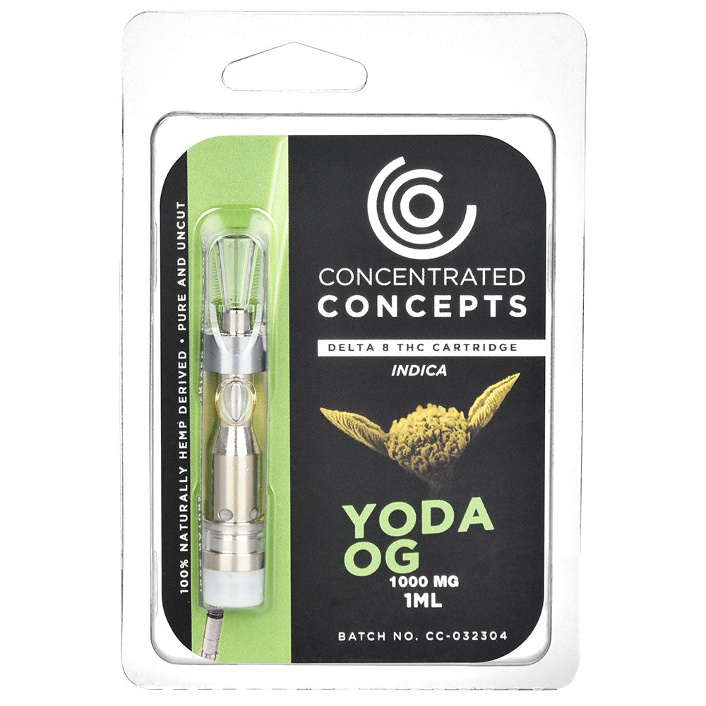 Concentrated Concepts Delta 8 Vape Cartridge Yoda OG 1mL in packaging, suitable for concentrates