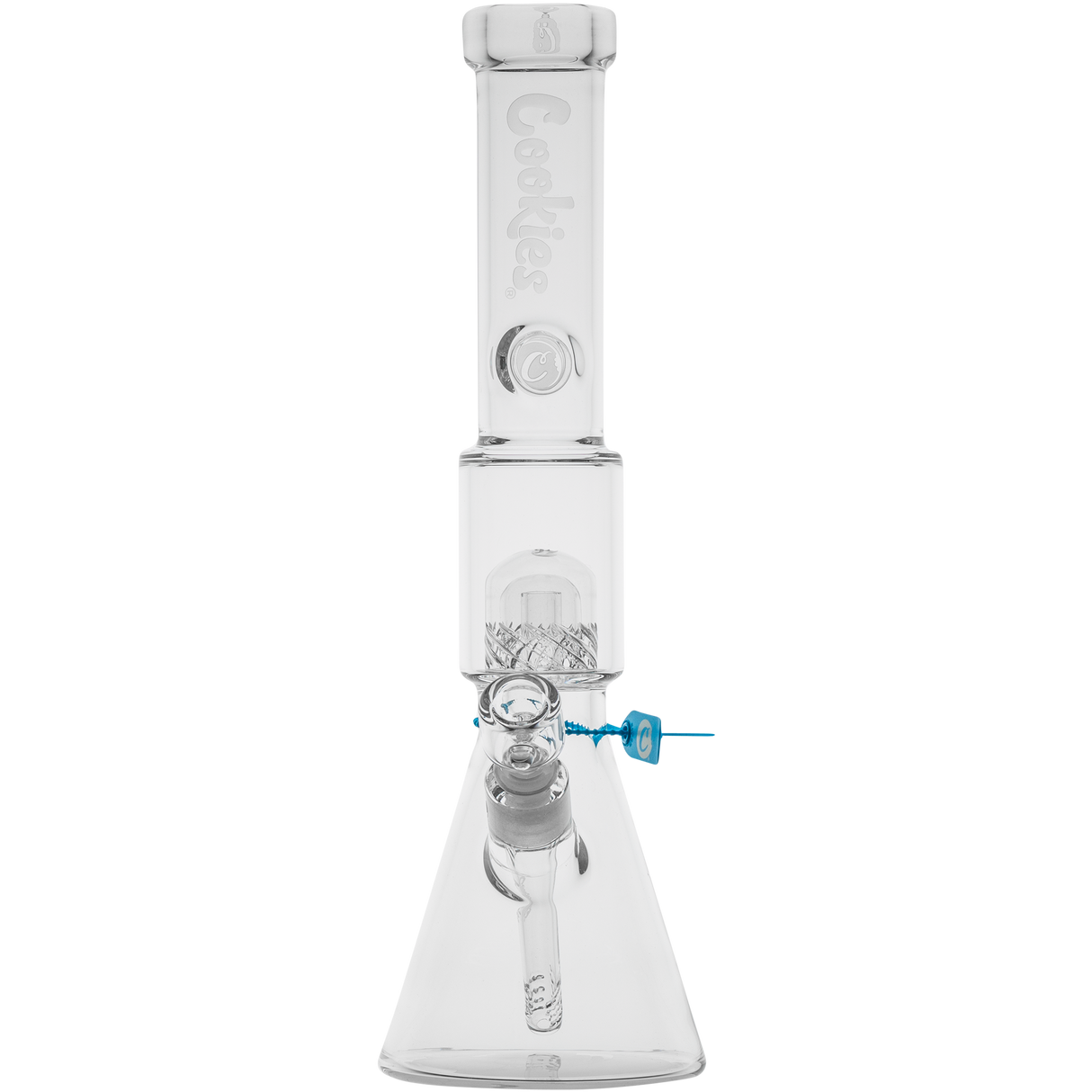 Cookies Beaker 2 Da Dome Bong in clear borosilicate glass with blue accents, front view