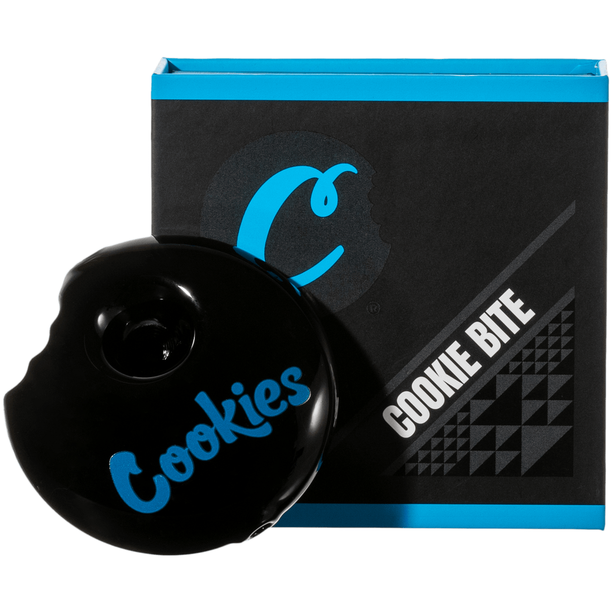 Cookies Bite Pipe, black borosilicate glass spoon pipe with logo, front view on packaging