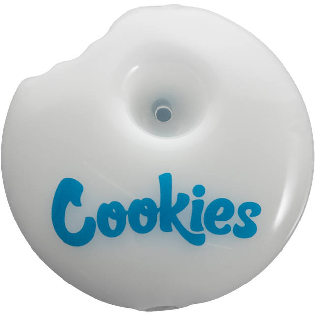 Cookies Bite Pipe in White - Top View - Borosilicate Glass Spoon Pipe with Blue Logo