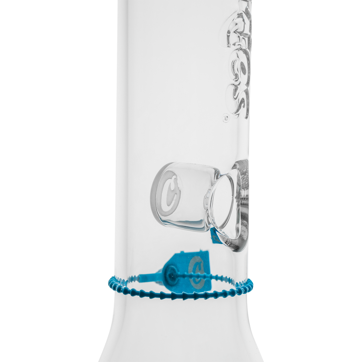 Cookies Flame Beaker Bong in Borosilicate Glass with Blue Accents - Close-up Side View
