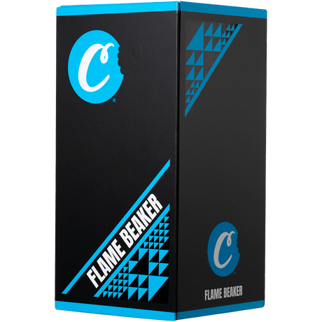 Cookies Flame Beaker Bong packaging box with bold blue graphics on a seamless black background
