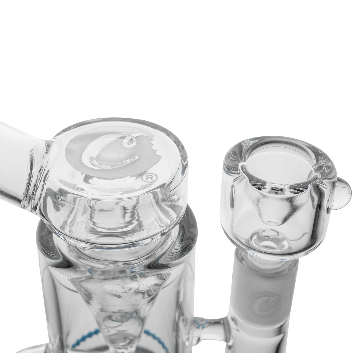 Close-up of Cookies Incycler Dab Rig with recycler percolator in clear borosilicate glass