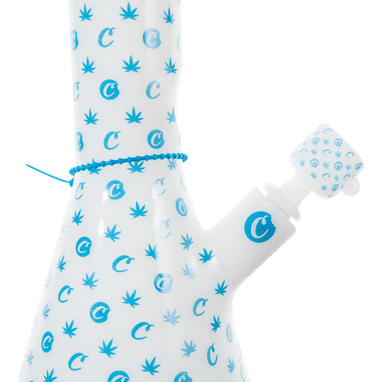 Cookies V Beaker Bong with iconic blue Cookies logo on clear borosilicate glass - side view