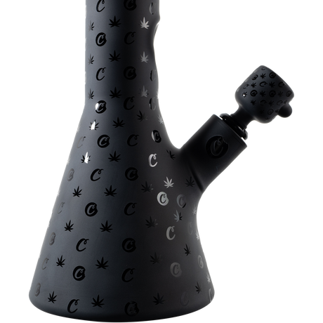 Cookies V Beaker Bong in Borosilicate Glass, Black with Iconic Brand Patterns, Side View