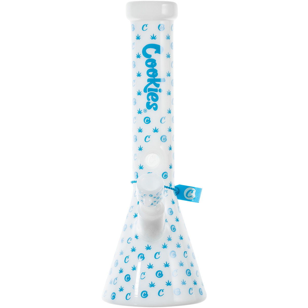 Cookies V Beaker Bong in Borosilicate Glass with Iconic Blue Logo Design - Front View