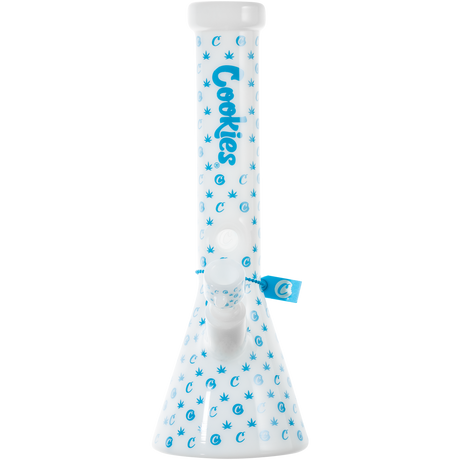 Cookies V Beaker Bong in Borosilicate Glass with Iconic Blue Logo Design - Front View