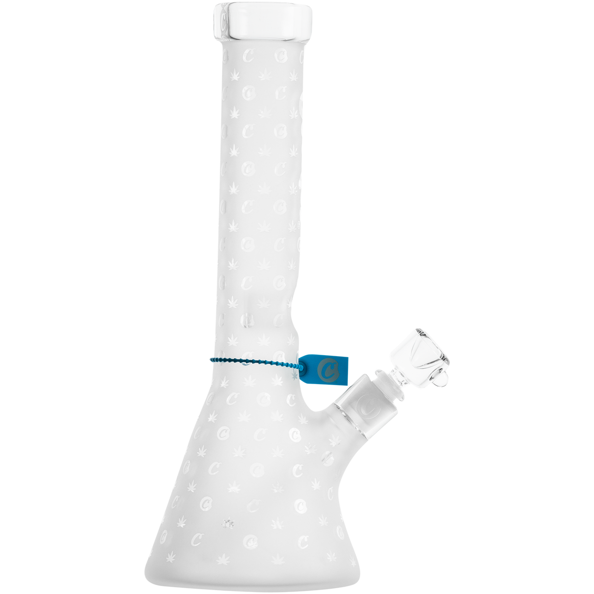 Cookies V Beaker Bong made of Borosilicate Glass with unique logo design, front view on white background