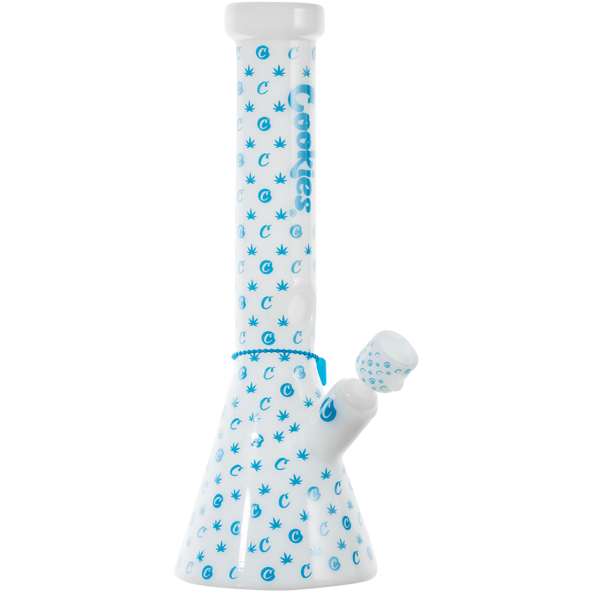 Cookies V Beaker Bong in White with Blue Logo Design, Borosilicate Glass, Front View