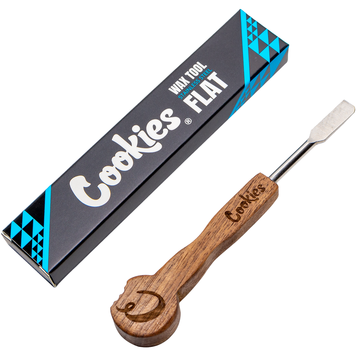Cookies Wax Tool SS Flat with Wooden Handle and Steel Tip - Angled View with Packaging
