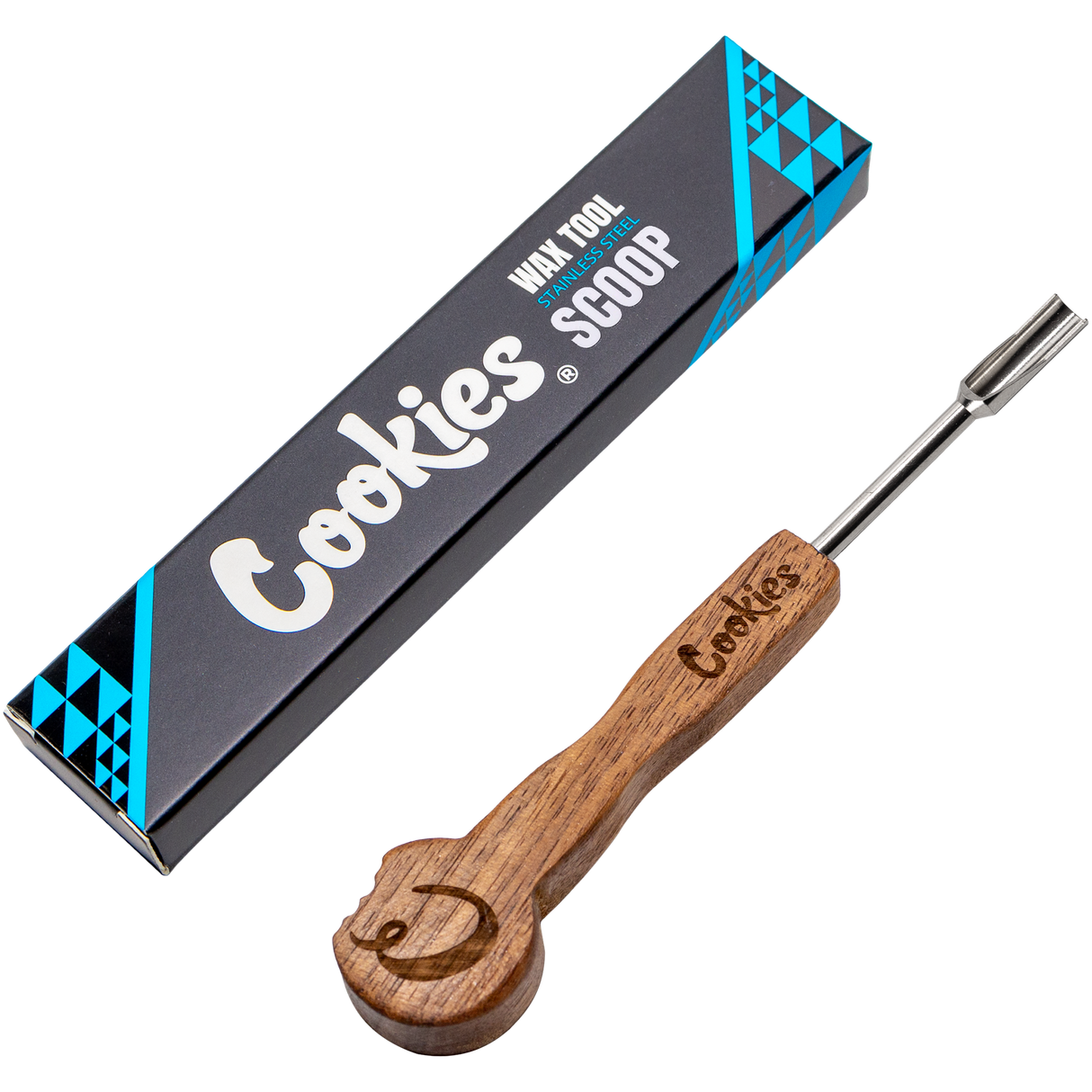 Cookies Wax Tool SS Scoop with wooden handle and steel tip, packaging visible, side view