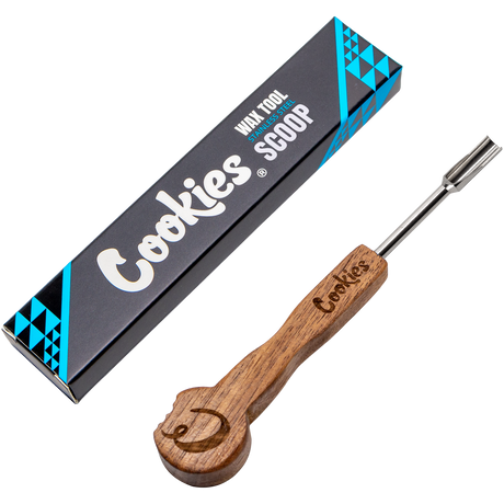 Cookies Wax Tool SS Scoop with wooden handle and steel tip, packaging visible, side view