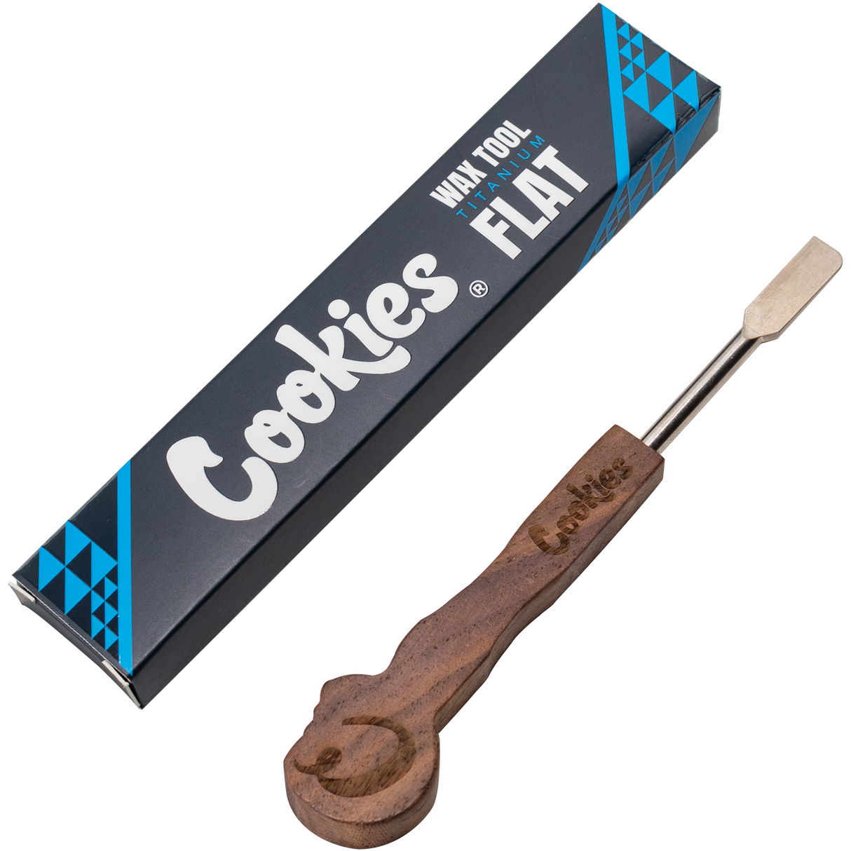Cookies Titanium Flat Wax Tool with wooden handle beside packaging