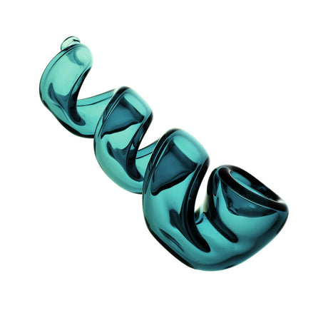Twisted corkscrew design glass hand pipe in teal, 4.5" borosilicate, ideal for dry herbs