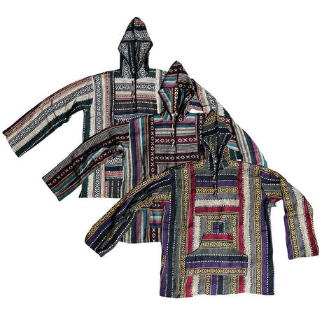 Colorful Cotton Baja Hoodie Jacket laid flat showcasing intricate patterns and comfortable design