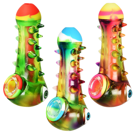 Crazy Eye Silicone & Resin Spoon Pipes in vibrant colors, side view, 4.25" heavy wall design for dry herbs