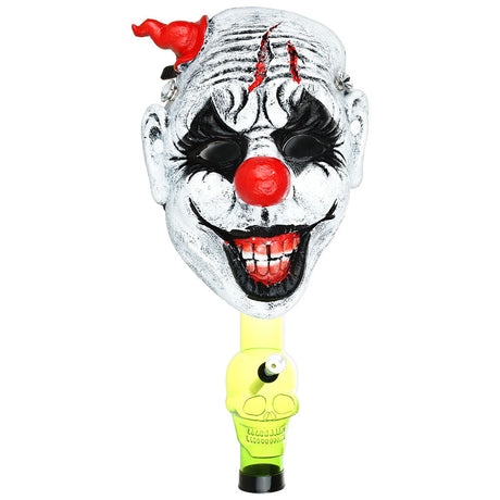 Creepy Clown Gas Mask with 8" Acrylic Bong for Dry Herbs, Black and Clear Color, Front View