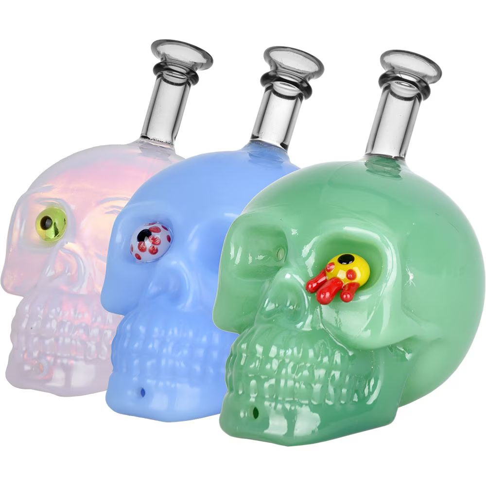 Creepy-Eyed Skull Glass Hand Pipe | 4" | Assorted Colors | 3ct Bundle