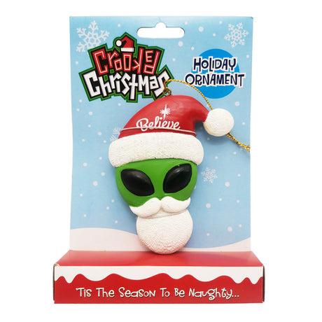 Crooked Christmas Ornament - Believe, novelty alien Santa design, front view in packaging
