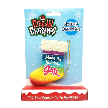 Crooked Christmas Ornament - 'Make The Yuletide Gay' Stocking - Front View on Packaging