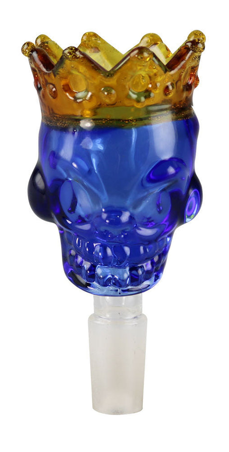 Crowned Skull Herb Slide, 14mm Male Joint, Borosilicate Glass, Front View on White Background