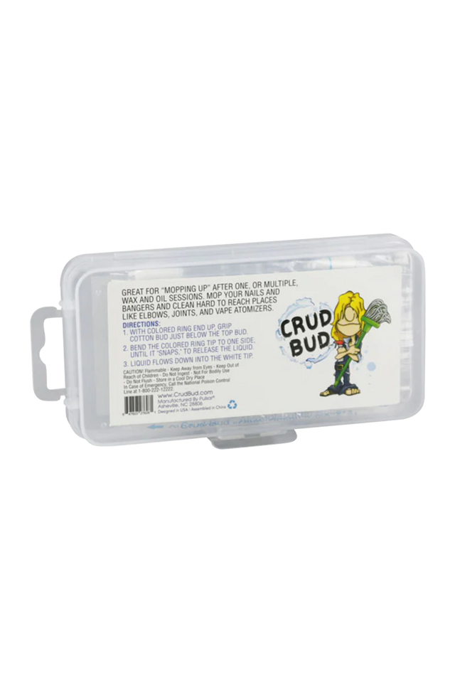 Crud Bud Alcohol Filled Cotton Buds in clear packaging, portable design for cleaning bongs and vapes