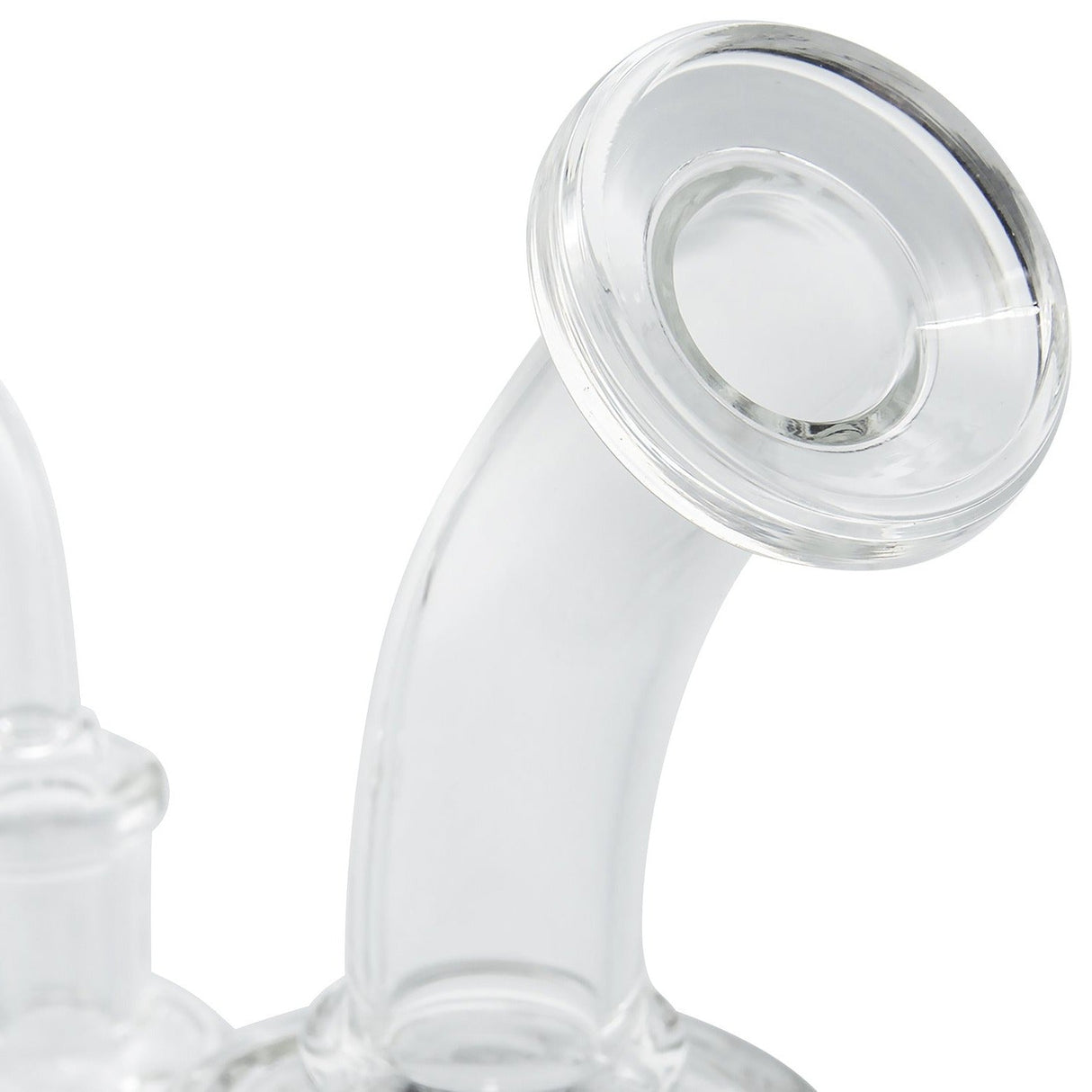 Close-up side view of Crystal Palace Banger Hanger with polished joint and welded stem, made of borosilicate glass.