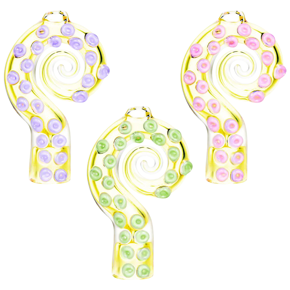 Assorted colors Curled Octopus Tentacle Glass Chillum Pipes on white background