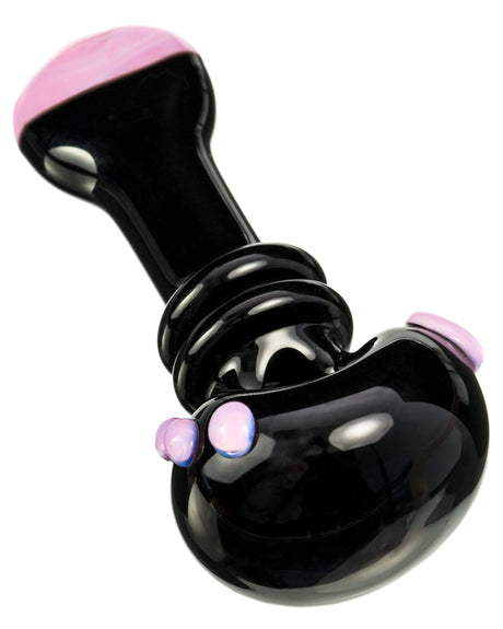 Customizable Maria Spoon Pipe in Black with Pink Accents, 4" Compact Glass, Side View