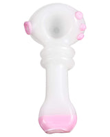 Customizable Maria Spoon Pipe by Valiant Distribution, white with pink accents, heavy wall glass, 4" length, portable design.