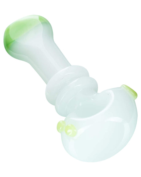 Customizable Maria Spoon Pipe by Valiant Distribution, 4" Heavy Wall Glass, White with Green Accents, Side View