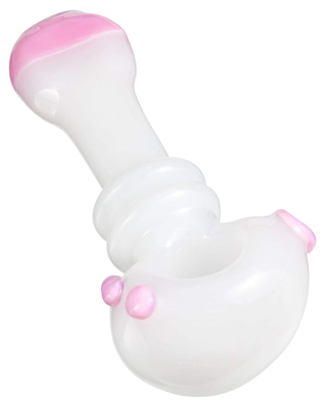 Valiant Distribution Customizable Maria Spoon Pipe in White/Pink, 4" Heavy Wall Glass, Front View