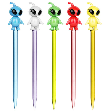Assorted colors cute femme alien glass dab tools, 4.75" borosilicate, front view