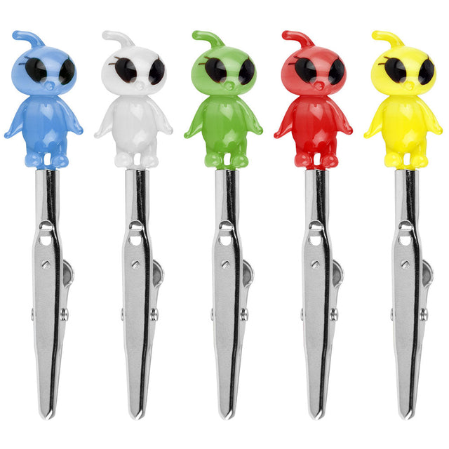 Assorted Cute Femme Alien Glass Memo Clips in Blue, White, Green, Red, Yellow - Front View