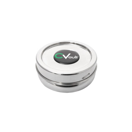 CVault Small 2.0 steel storage container with 62% Boveda Humidipak, front view on white background