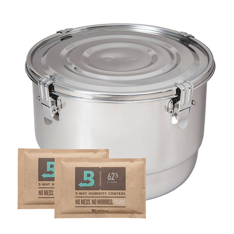 CVault Stainless Steel Storage Container front view with humidity control packets