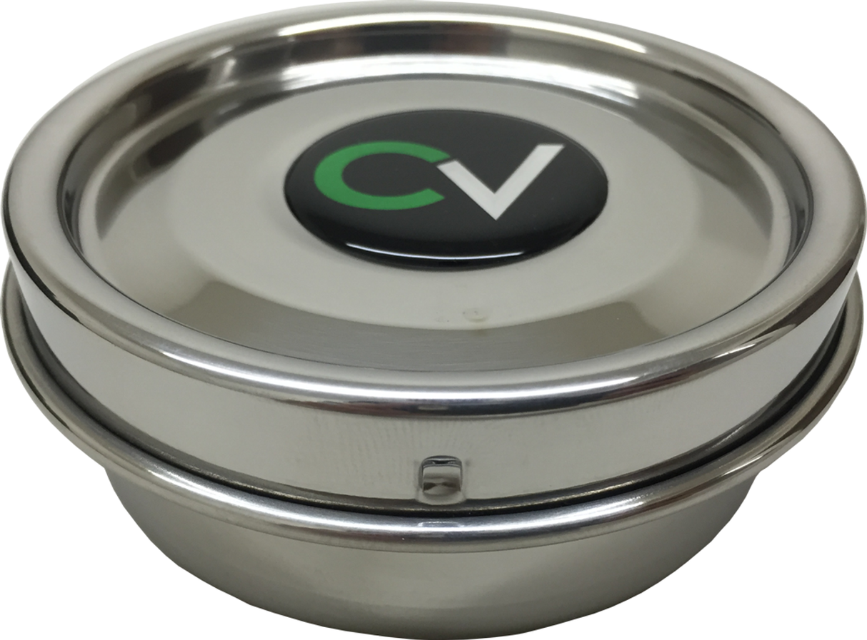 CVault steel storage container for dry herbs with humidity control, front angle view