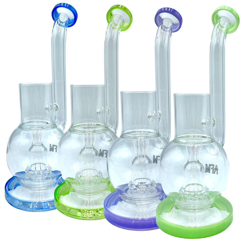 AFM Glass Puffco Proxy Dab Rigs in various colors with showerhead percs, front view on white background