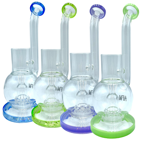 AFM Glass Puffco Proxy Dab Rigs in various colors with showerhead percs, front view on white background