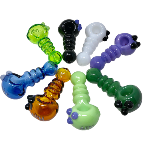 Assorted 4" AFM Three Point Color Hand Pipes in various colors displayed in a circular arrangement