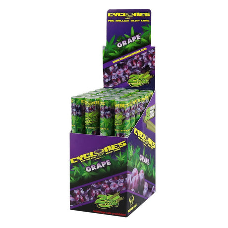 Cyclones Hemp Cones in Grape Flavor Display Box, Front View, 2.5" Pre-Rolled Cones from the Philippines