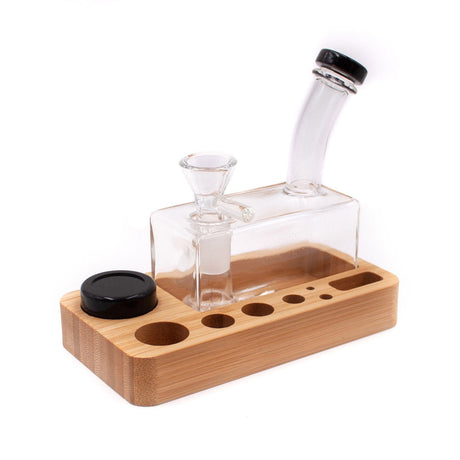 Clear Dab Slab Mini Water Pipe Tray with bamboo organizer for dab rigs and accessories, front view