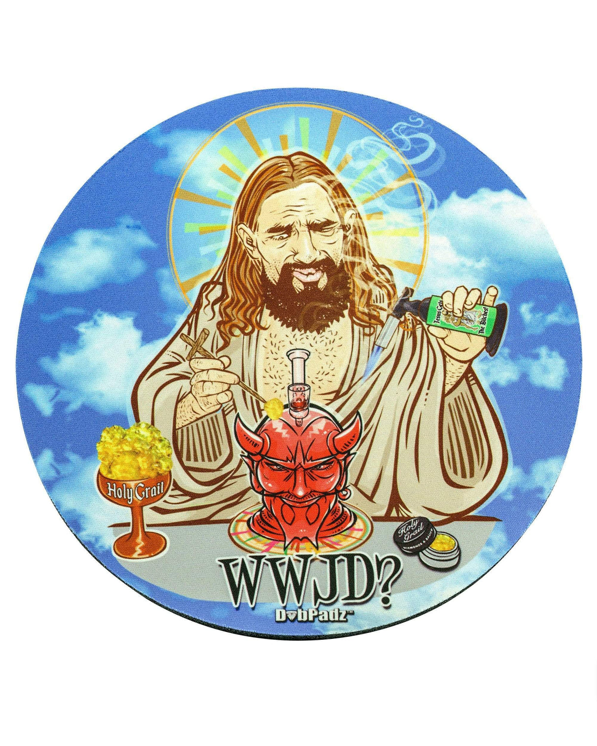DabPadz 8" Rubber Dropmat with vibrant Jesus and devil design, top view on white background