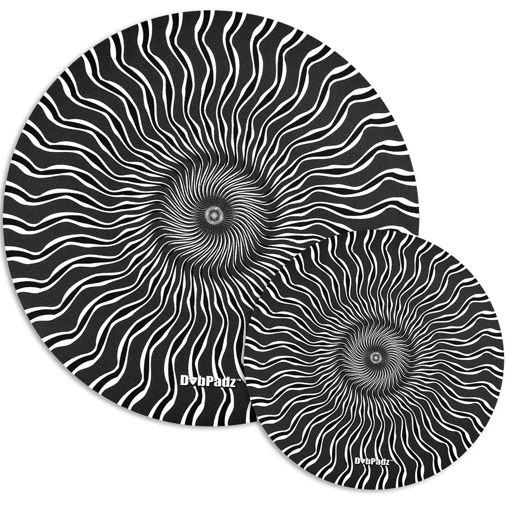 DabPadz Hypnosis Fabric Top Rubber Dab Mat, 5" and 8" sizes, black and white psychedelic design