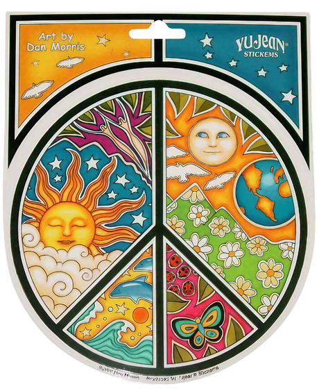 Dan Morris 4.75" Round Peace Sticker featuring vibrant sun and moon design
