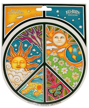 Dan Morris 4.75" Round Peace Sticker featuring vibrant sun and moon design